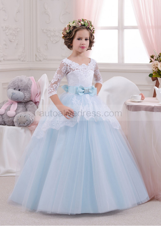 Chic Blue White Lace Tulle V Back Flower Girl Dress